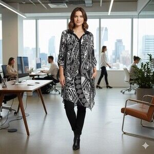 Cato Womens Size 14/16W Tunic Top Black White Geometric Print High-Low Sheer